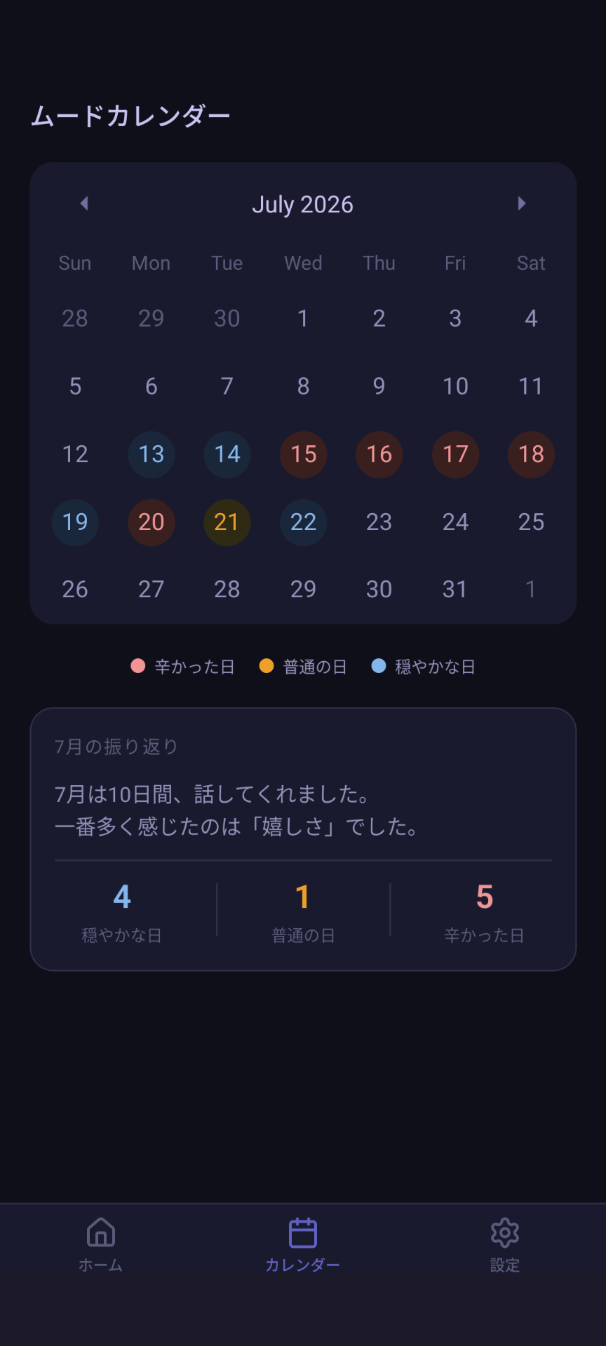 ムードカレンダー。毎日の気分が色で記録され、月の振り返りが表示されている